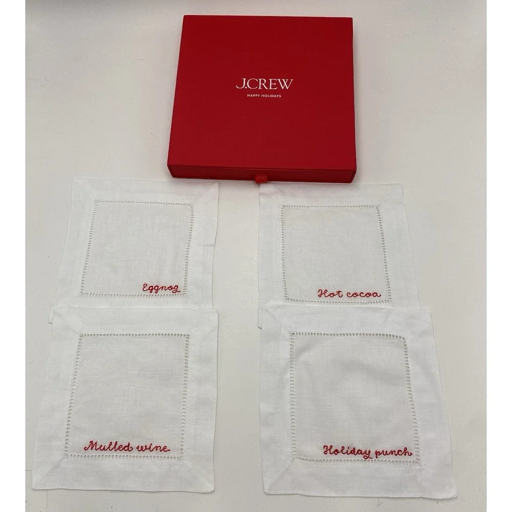 J Crew Happy Holidays Set Of Four Embroidered‎ Cocktail Napkins